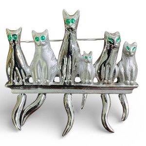 AJC Vintage 6 Weirdo Cat Brooch Silver Tone Alien Green Rhinestone Eyes